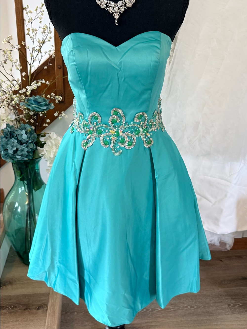 Strapless Turquoise Dress with Beaded Waist